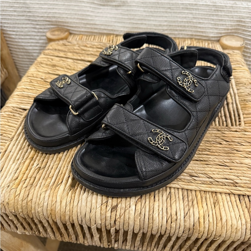 CHANEL Black Sandals with Gold Details